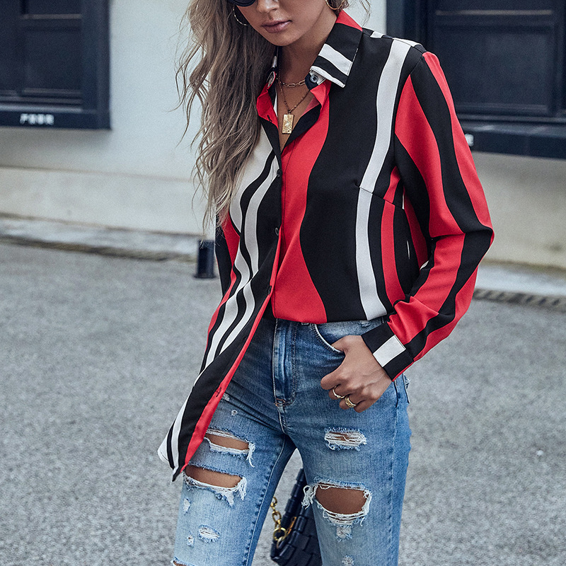 Early autumn stylish mid-length long-sleeved lapel striped shirt